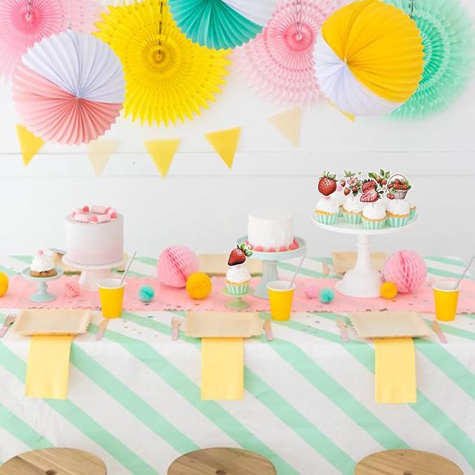 36 Pack Strawberry Cupcake Toppers Red Pink Strawberry Birthday Cupcake Picks Berry Strawberry Cupcake Decoration for Fruit Theme Baby Shower Kids Boys Girls Birthday Party Supplies