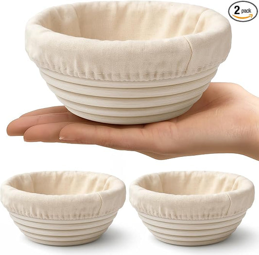 Fanfanwin 2 Pack Mini Bread Proofing Baskets with Liners Banneton Baskets Dough Proofing Bowls for Home Sourdough Bread Baking Supplies(Round)