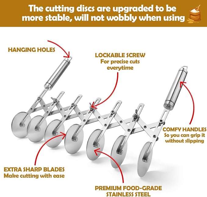 Juome 7 Wheel Pastry Cutter with Handle, Multi-Round Wheel Pasta Dough Cutter Roller Stainless Steel Pizza Slicer Accordion Pastry Knife Divider Tool