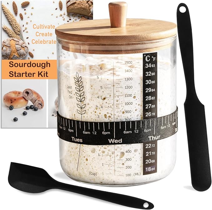 Premium Sourdough Starter Jar Kit - 50oz Large Wide Mouth Glass Jar with Bamboo Lid,Cloth Cover, Date Tracker, Thermometer, Silicone Non-Slip Mat & Scraper, Sourdough Bread Baking Supplies