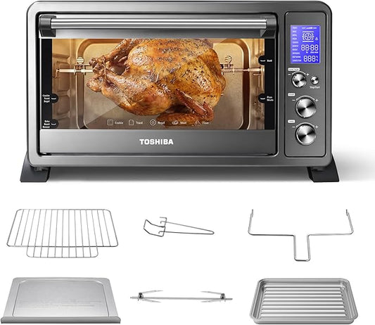 TOSHIBA 10-in-1 Convection Toaster Oven, 6-Slice Countertop Oven, 1500W with Toast, Bake, Broil, Rotisserie & Pizza Functions, LCD Knob Controls, 6 Accessories, Black Stainless Steel