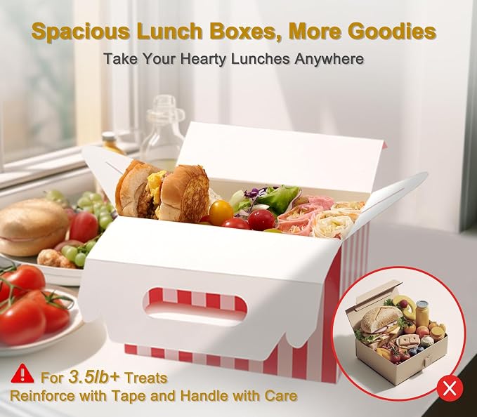 Happyhiram 40-Pack Large Gable Boxes Red Striped- 9x6x6 Inch Sturdy Cardboard Containers for Christmas Gifts, Box Lunches, Cookies, and Birthday Wedding, Easy to Assemble with Handles