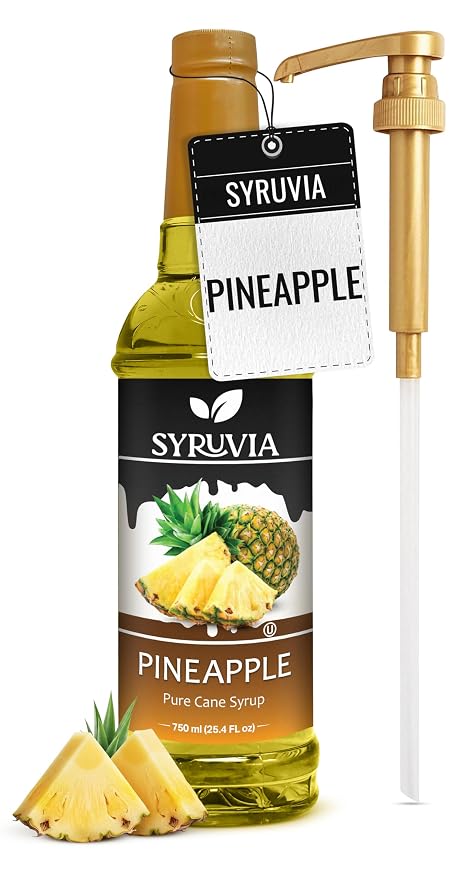 Syruvia Pineapple Syrup, Flavored Syrup for Cocktails, Fruit Drinks, Lemonades, and Desserts – 25.4 fl oz - with Pump