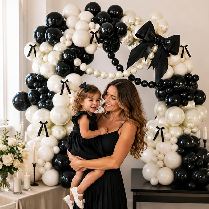Black Bow Balloon Arch Kit, Double Stuffed Black White Bow Coquette Birthday Decorations for Bachelorette Bridal Shower Wedding Engagement Prom Party Decorations with Pre-Tied Bows