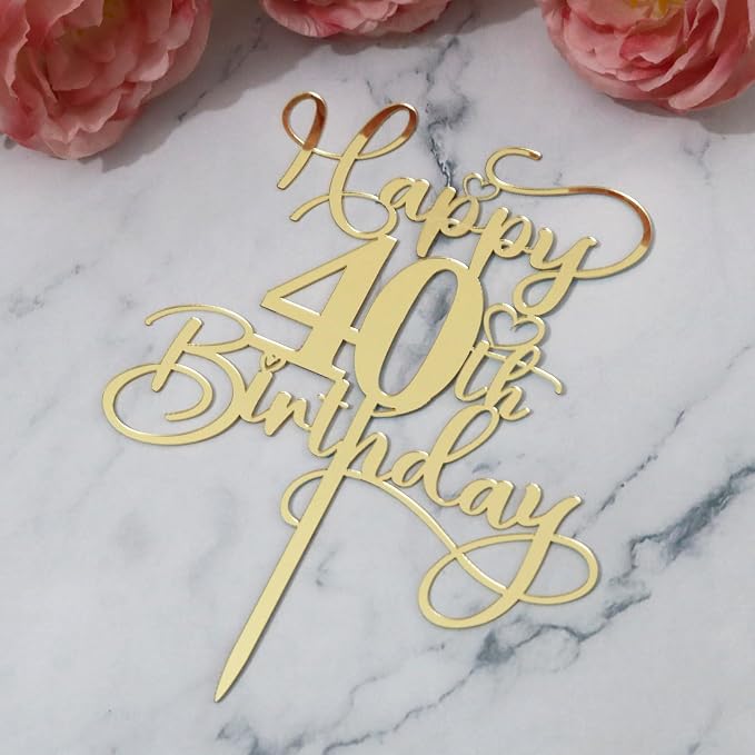 Happy 40th Birthday Cake Topper，Mirrored Gold Acrylic Birthday Topper for Cheers to 40 Years Birthday/Anniversary Party Decoration Ideas, Perfect Keepsake for your family and friends(40th)