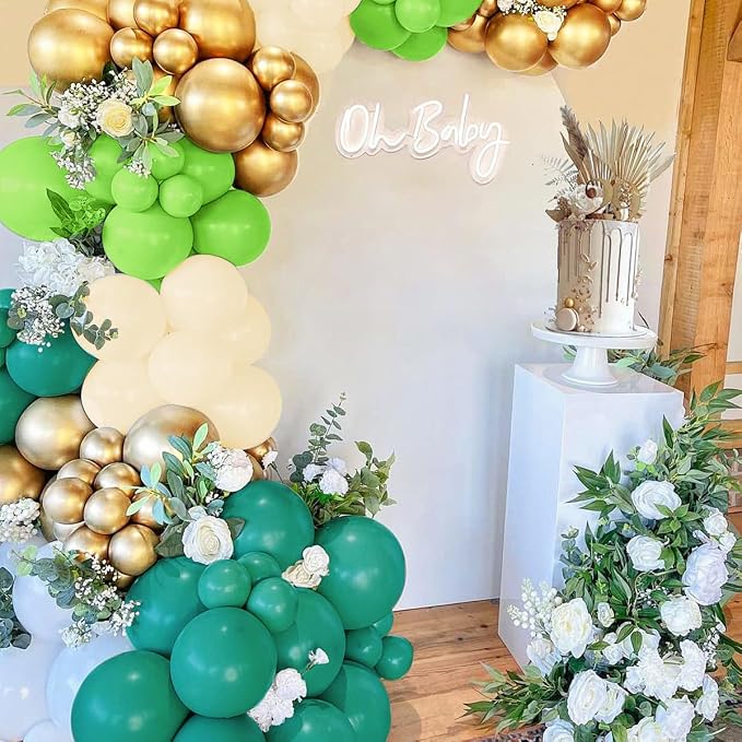 Green White Balloon Arch Kit, 160Pcs Dark Green Lime Green White Sand and White Balloons Garland for Birthday Baby Shower Anniversary Jungle Party Decorations