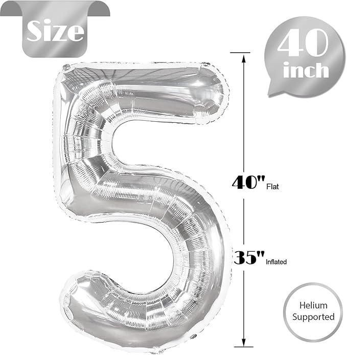 Silver 5 Balloon, Number Balloons 40 Inch, 5th Birthday Balloon Decorations, Silver Party Supplies, 5 Number Balloons, Number 5 Balloon