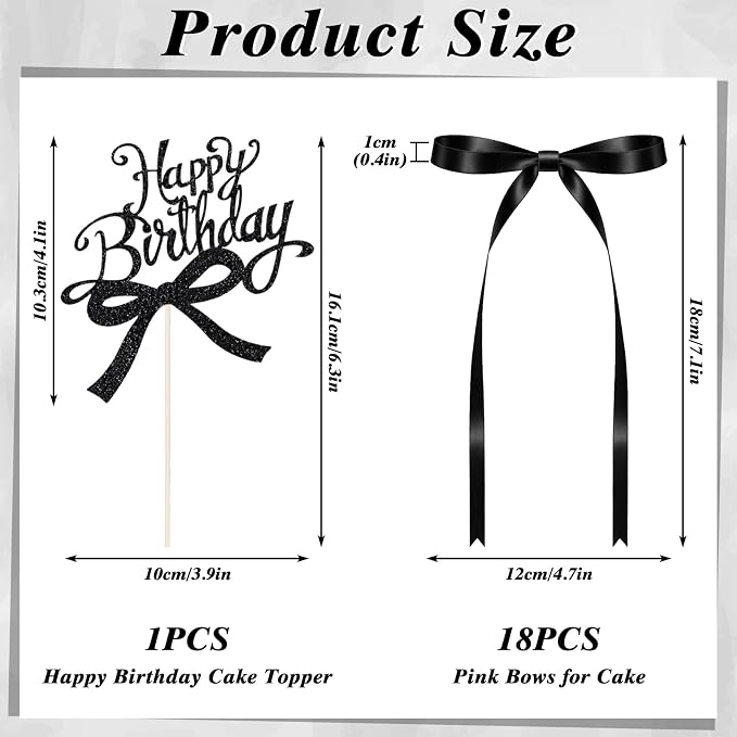 Bow Cake Toppers 18 PCS Black Ribbon Bows for Cake with 1 PCS Happy Birthday Cakes Topper Coquette Themed Bow Birthday Decorations for Wedding, Bridal Shower, Baby Shower, Bachelorette