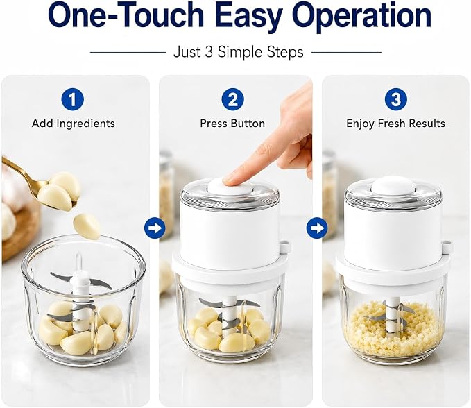 Electric Garlic Chopper,350ML Mini Food Processor,Thick Glass Bowl Mini Chopper,Portable Vegetable Chopper with Upgraded 6 Stainless Steel Blades,Onion Mincer Grinder for Garlic,Chili,Ginger,Nuts