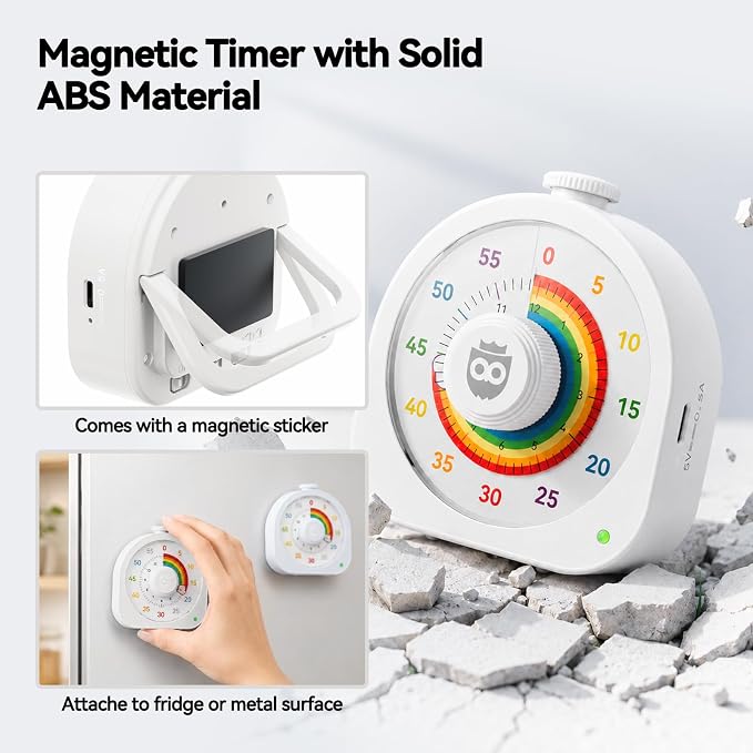 Visual Timer for Kids 60Min/12H Dual Countdown Timers with Magnetic Sticker | Rechargeable Timer with Pomodoro Mode, ADHD Time Management Tool for Classroom Kitchen Office, Silent Operation