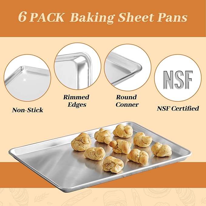6 Pack Half Size Aluminum Baking Sheet Pans, 18"x13" | NSF, commercial cookie sheets, rolled rim baking pan, for roasting, freezer, bakery, oven safe up to 500℉