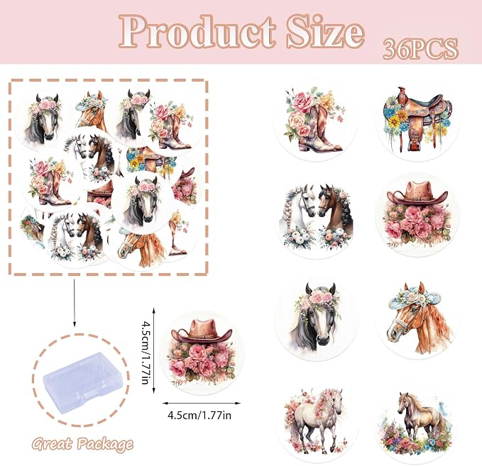 36PCS Edible Floral Horse Cupcake Toppers Wafer Paper Western Cowgirl Cupcake Toppers Edible Derby Horse Cupcake Picks for Western Derby Horse Theme Party Decoration Supplies