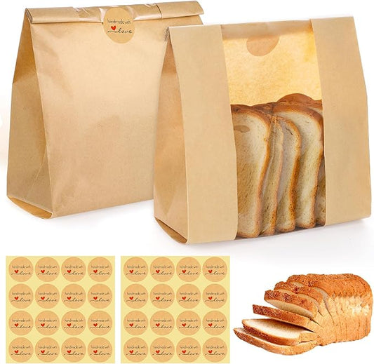 130 Pack Homemade Sourdough Bread Bags, 14" x 8.3" x 3.5" Large Paper Bread Bag with Window 160 Stickers for Bake Sale Bakery Storage