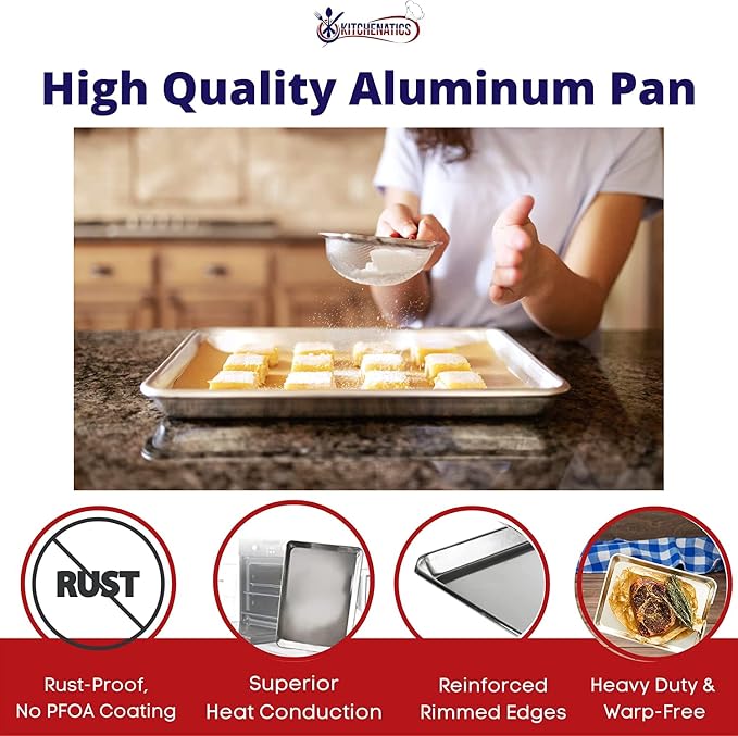 KITCHENATICS Half Sheet Baking Pan Aluminum Nonstick Oven Safe Set of 2 | Two half sheet pans used for large family meals, bread rolls and everyday oven baking