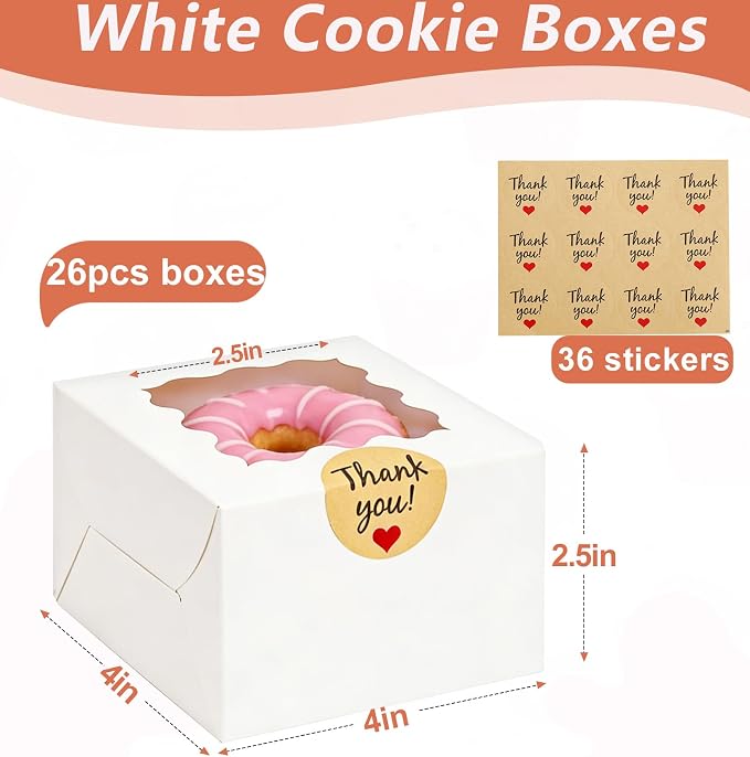 26 Pcs Cookie Boxes with Window, 4x4x2.5 Inches Small Cupcake Boxes, White Treat Boxes with 36pcs Stickers, for Cookie Dessert Pastry Donuts Strawberries Macaroon Candy Chocolate Cupcakes