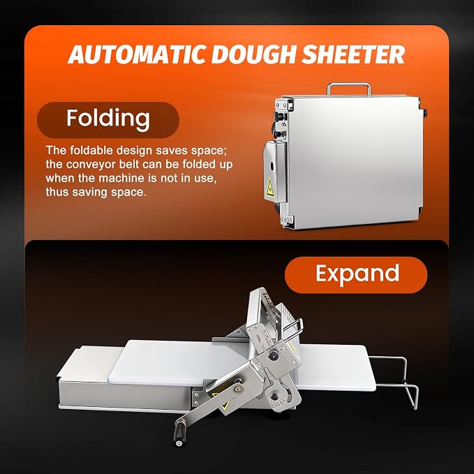 Folding Dough Sheeter Machine, 15.5" Dough Sheeter with 10 Adjustable Thickness Settings (0-17.5mm), Manual Stainless Steel Dough Roller for Home and Commercial Bakeries