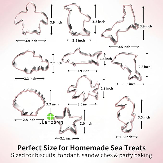 LUBTOSMN 10-Piece Ocean Cookie Cutter Set - Shark, Mermaid, Dolphin, Sea Turtle, Octopus - Dishwasher Safe Stainless Steel Molds for Under The Sea Birthday Party & Summer Baking