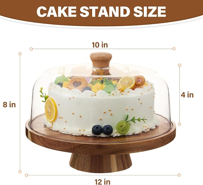 Acacia Wood Cake Stand with Lid, 6-in-1 Multifunctional Cake Plate, Cake Holder, Serving Tray, Fruit Platter, Salad Bowl, Dessert Table Display & Acrylic Cake Dome Cover