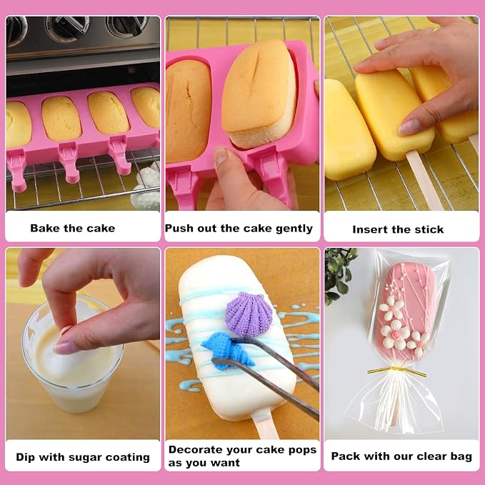 Juome Cake Pop Mold Kit, 2 Pack 8 Cavities Cakesicle Molds Silicone with 100 Wooden Sticks & 100 Packaging Bags with Ties, Cake Pop Maker Supplies Accessories, Baking Tools for Home Desserts (Pink)