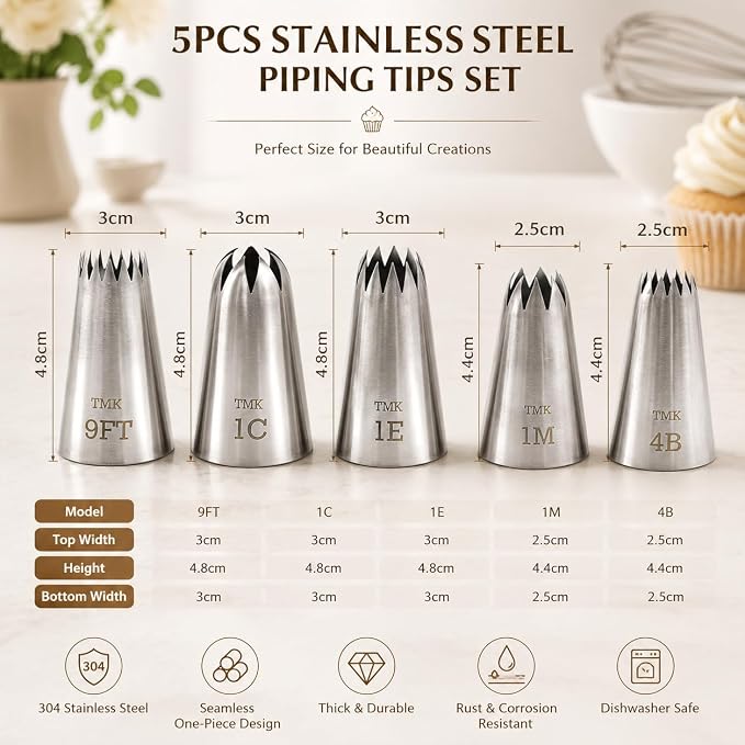 5 Pack Stainless Steel Seamless Piping Icing Tips #9FT 1C 1E 1M 4B, Large Star Piping Nozzle, Cake Decorating Tools for Baker