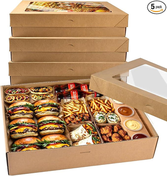 Extra Large Disposable Serving Pastry Box Cardboard 5PK, Strong Platter Box w/ Lid for 8-10 People To Go, Stably Filled Catering Charcuterie Board for Picnic Party Take Out (17.5"x13.5"x3.5"H)