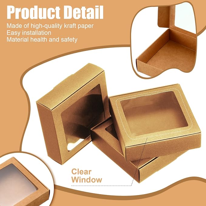Zonon 60 Pcs Kraft Paper Boxes with Window 4.13 x 4.13 x 1.18 Inch Candy Packaging, Small Gift Boxes, Soap holder, Mini Treat Packaging for Bakery Chocolate Jewelry Display (Brown)