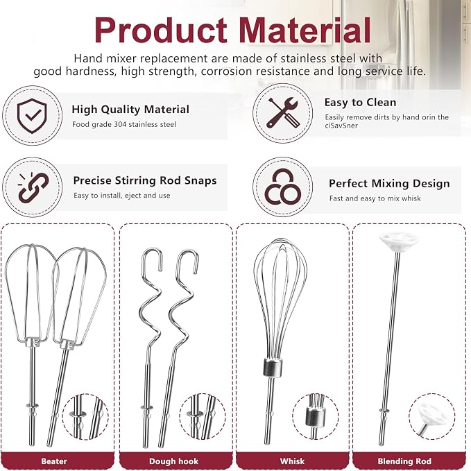 Hand Mixer Accessories and Attachments Beater, Whisk for Kitchenaid Mixers | Set of 6 Stainless Steel Hand Mixer Beater, Whisk, Blending Rod and Dough Hooks Compatible with Kitchenaid KHM3 KHM5 KHM7