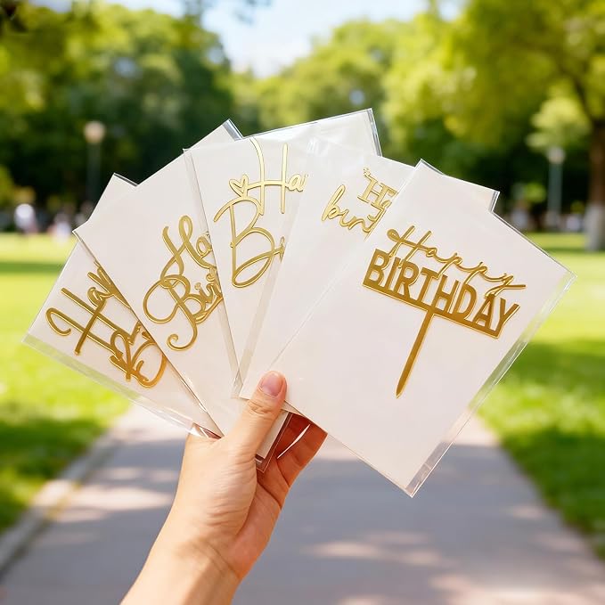 5-Pack Gold Happy Birthday Cake Toppers, Acrylic, Reusable | 5 Unique Designs, No Duplicates, 4.5-6.1", Fits 6-10" Cakes