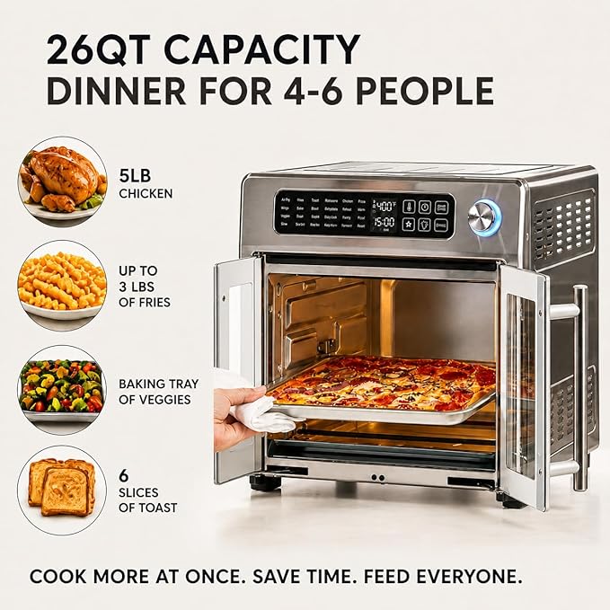 Emeril Lagasse Extra Large French Door Air Fryer Toaster Oven Combo, 24 Cooking Functions and Digital Controls, 7 Accessories Included, Stainless Steel Finish, 26QT Capacity