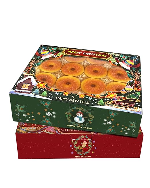 qiqee Christmas 14x10x2.5 inch Auto-pop Up 12Pcs Cookie Box with Window Retro Christmas Pastry Macaron Bakery Box for Christmas