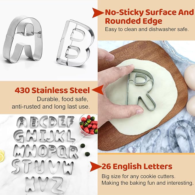 ofone Large Alphabet Cookie Cutters(A - Z), 3 Inch Stainless Steel Fondant Letter Cutters Shapes, 26 Pcs Abc Biscuit Cutter Set for Baking Dough Cakes Pastry Fruits