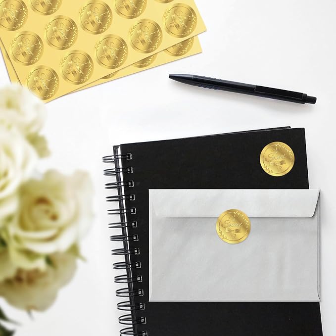 100x A Sweet Thank You Embossed Favor Stickers Labels, Gold Foil Tags Envelope Seals, Wedding Invitation Decor Foil Party Favor Stickers for Sealing Awards Embossing Certificates 1.5 Inch