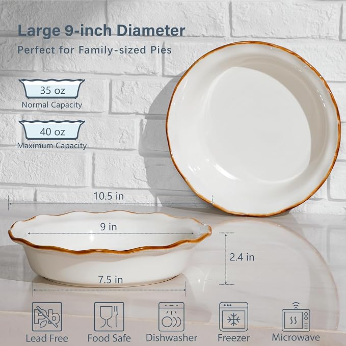 ONEMORE 9-Inch Deep Dish Pie Pan - Ceramic Pizza Pan for Oven, Baking Chicken Pot Pie, Quiche & Tarts - Rustic White Dish for Perfectly Crispy Crust, Large Ruffled Baking Plate