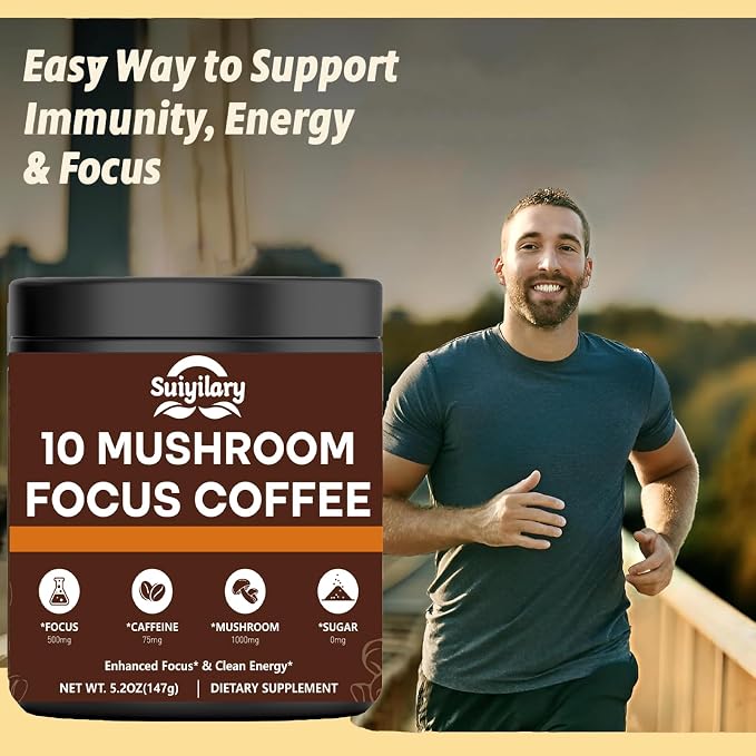 Suiyilary Mushroom Coffee with Focus, 10 Mushroom Extract Powder Blend Lion's Mane, Brain Supplements with Instant Coffee for Energy, Focus, Memory and Immunity 147g 21 Serving