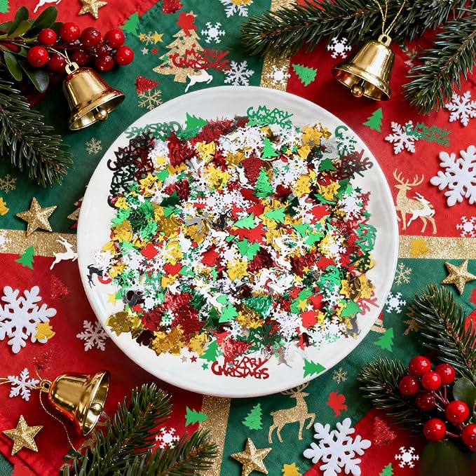 Christmas Glitter Confetti Table Decorations, Metallic Foil Snowflake Confetti for Christmas Party Decorations, Santa Xmas Tree Sequins Party Scatter for New Years Table Decor Winter Party Supplies