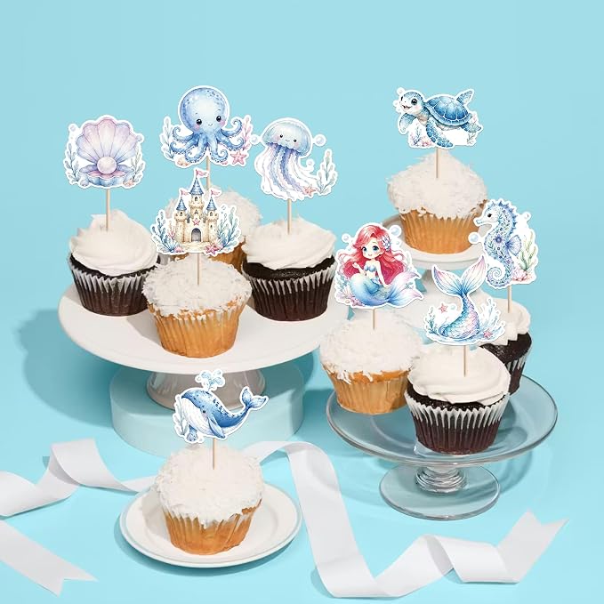 36 PCS Ocean Animal Cupcake Toppers Turtles Octopus Seahorse Seashell Mermaid Cupcake Picks Under the Sea Baby Shower Decorations for Under the Sea Theme Baby Shower Birthday Cake Decorations Supplies