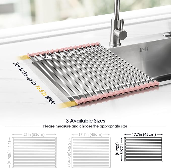 Tomorotec 17.7" x 12.5" Roll Up Dish Drying Rack Over Sink Drying Rack Sink Cover Kitchen Sink Accessories Gadget Multipurpose Organizer Foldable Stainless Steel Drainer