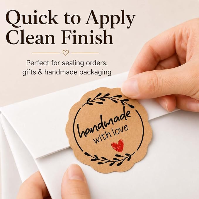 100 x Handmade with Love Stickers, Kraft Paper Bakery Stickers for Small Business Packaging, Rustic Handmade Gift Seals for Baked with Love Treat Bags, Wedding Favor Bags & Thank You Envelopes, 1.77''