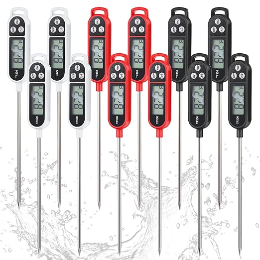 Copkim 12 Pcs Instant Read Meat Thermometer with Long Probe 9.65 Inch Kitchen Cooking Food Candy Waterproof Digital Thermometer for BBQ Water Milk Yogurt Liquid Cooking (Black,White,Red)