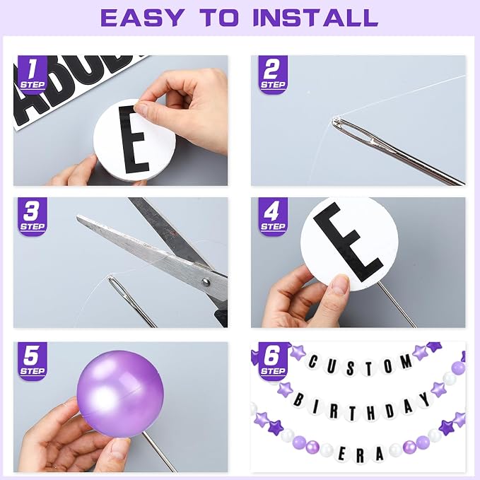 Simgoing 103 Pcs DIY Giant Friendship Bracelet Lei Kit Extra Large Beads Garland Jumbo Birthday Friendship Banner Kit Famous Singer Customizable Party Decor for Classroom(Purple White)