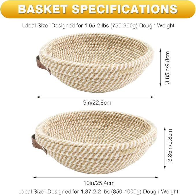 Nikkar Banneton Bread Proofing Basket Set of 2, 9 Inch & 10 Inch | Round Cotton Rope Sourdough Bread Baking Supplies Proofing Bowls with Liners & Covers Gifts for Bakers Women Wife Mom