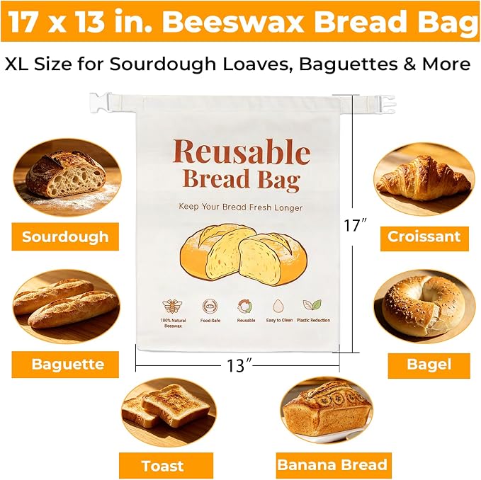 Beeswax Bread Bags for Sourdough & Homemade Bread, 2-Pack 17x13 Inches XL Reusable Bread Storage Bag, Keeps Loaves Fresh Longer, Freezer Safe, Gift for Bakers & Bread Lovers - Sustainable, Zero Waste