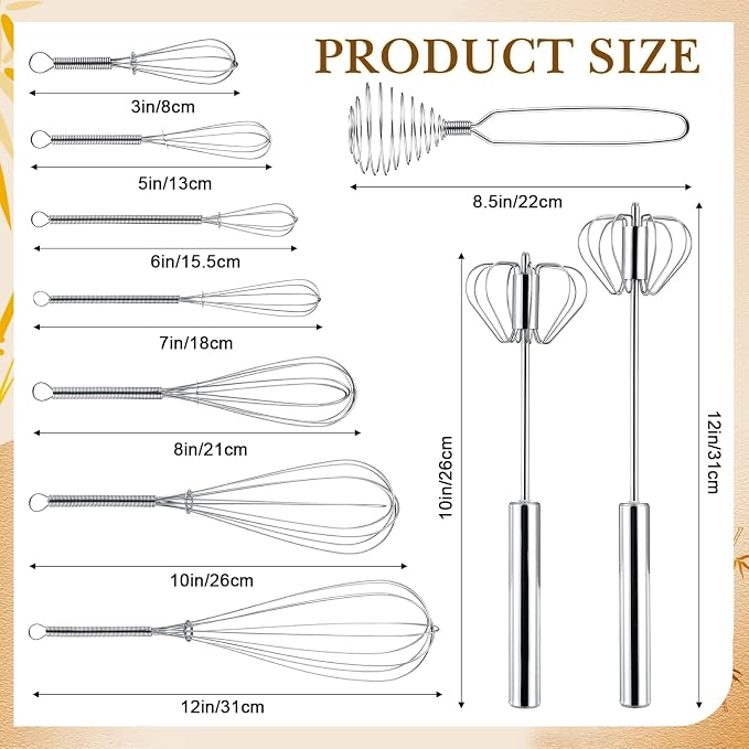 Teenyyou 10 Pcs Stainless Steel Whisks Set Egg Beater Semi Auto Whisk Blender Hand Push Beater Versatile Utensil for Kitchen Mixing Blending Beating Stirring Cooking 3 5 6 7 8 10 12 Inch