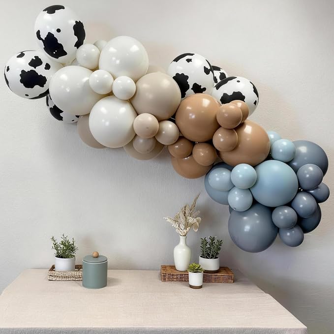 Cowboy Western Balloon Arch Kit, Dusty Blue Brown Double Stuffed Sand White Balloon Garland with Cow Print Balloons for Boys Western Cowboy Theme Birthday First Rodeo Baby Boy Shower Party Decorations