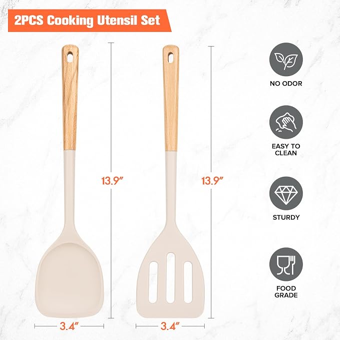 Silicone Cooking Spatula, Heat Resistant Solid Turner, Slotted Spatulas with Wooden Handle,Ideal Wood Kitchen Utensils Set for Frying, Baking, Flipping, Turning,Pack of 2 (Khaki)