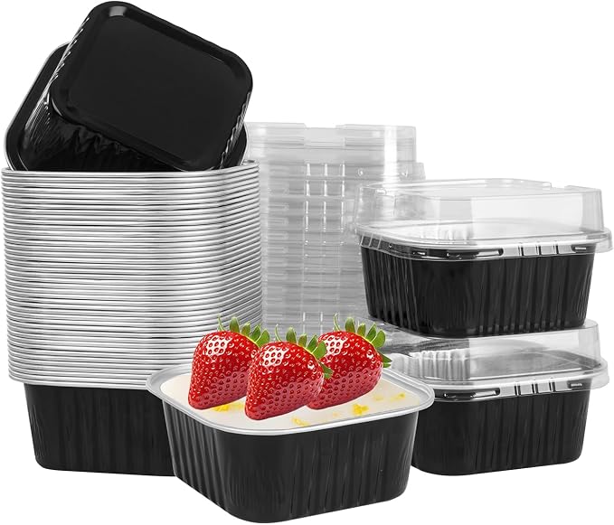 50 Pcs Mini Square Baking Cups with Lids,5oz Aluminum Foil Mini Cake Pans with Lids,Disposable Ramekins Cake Pans,150ml Dessert Cups Cupcake Pans for Wedding Birthday Party,Black Sliver