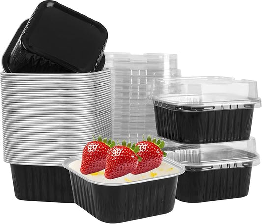 50 Pcs Mini Square Baking Cups with Lids,5oz Aluminum Foil Mini Cake Pans with Lids,Disposable Ramekins Cake Pans,150ml Dessert Cups Cupcake Pans for Wedding Birthday Party,Black Sliver