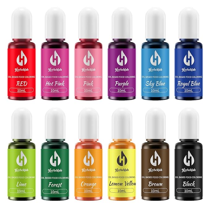 Oil Based Food Coloring for Chocolate Herbeklab 12 Colors x 10 ml Concentrated Oil Food Dye for Melting Chocolate, Candy Melts, Cake Pops, Strawberries - 12 mill
