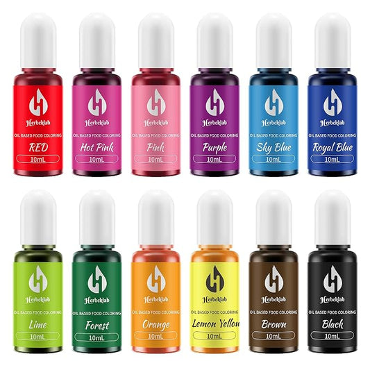 Oil Based Food Coloring for Chocolate Herbeklab 12 Colors x 10 ml Concentrated Oil Food Dye for Melting Chocolate, Candy Melts, Cake Pops, Strawberries - 12 mill
