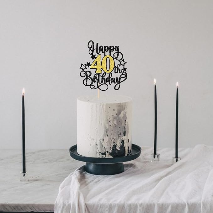 1 PCS Happy 40th Birthday Cake Topper Black Gold Glitter Cheers to 40 Years Birthday Cake Pick Hello 40 Fabulous Cake Decoration for Happy 40th Birthday Anniversary Party Decorations Supplies